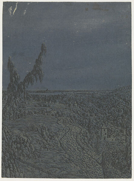 Landscape with a Plateau, a River in the Distance, Hercules Segers (Dutch, ca. 1590–ca. 1638), Line etching printed in black and pale yellow from two plates, on dark blue prepared paper; unique impression of the second state of three 