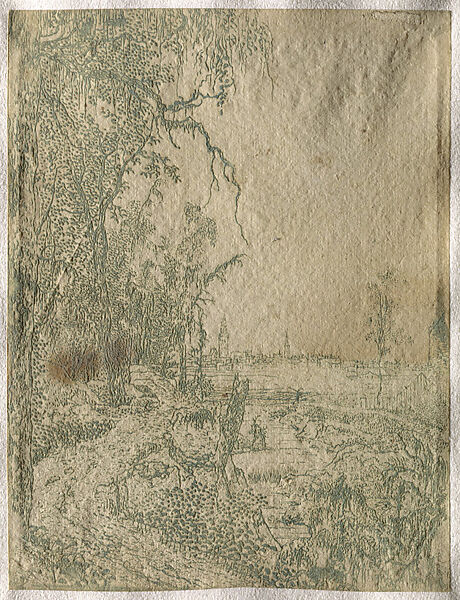 A Road Bordered by Trees, a City in the Background, Hercules Segers (Dutch, ca. 1590–ca. 1638), Lift-ground etching printed in green, on cream tinted paper 