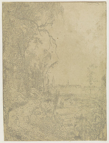 A Road Bordered by Trees, a City in the Background, Hercules Segers (Dutch, ca. 1590–ca. 1638), Lift-ground etching in light gray, on cream tinted paper, varnished 