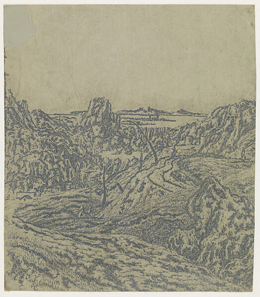 Rocky Landscape with a Gorge, Second Version, Hercules Segers (Dutch, ca. 1590–ca. 1638), Line etching printed in blue-green, on a light grey ground; unique impression 