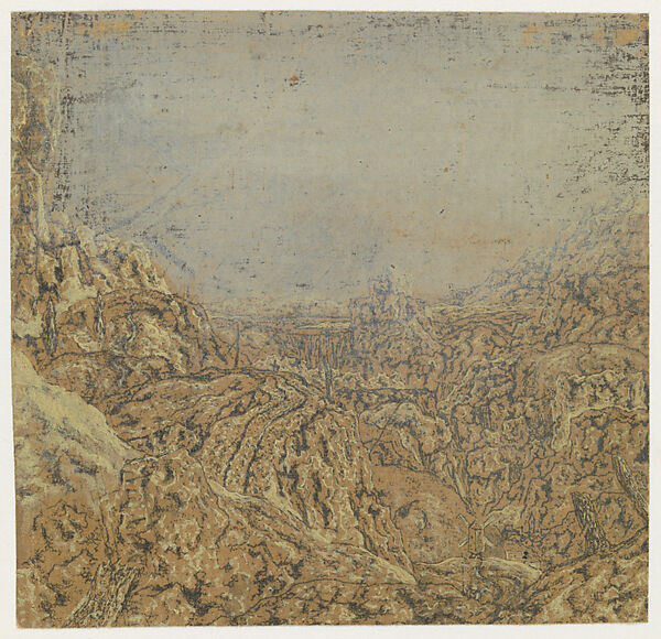 Rocky Landscape with Ship's Rigging, Hercules Segers (Dutch, ca. 1590–ca. 1638), Counterproof of a line etching printed on cotton with a brown-yellow ground, colored with brush; first state of two 
