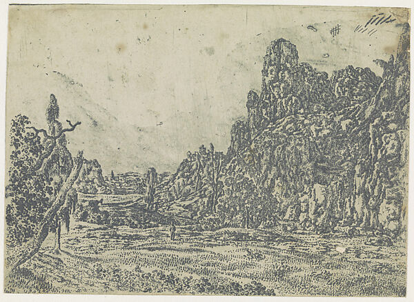 Landscape with a Steep Cliff and a Stream, Large Version, Hercules Segers (Dutch, ca. 1590–ca. 1638), Line etching printed in blue-green 