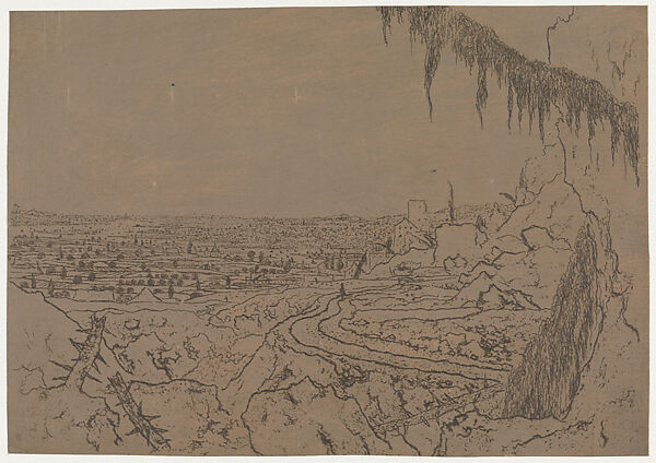 Distant View with a Road and Mossy Branches, Hercules Segers (Dutch, ca. 1590–ca. 1638), Line etching printed in dark brown, on a purple-brown ground; first state of three 