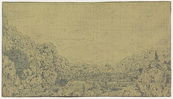 The Enclosed Valley, Hercules Segers (Dutch, ca. 1590–ca. 1638), Line etching and drypoint printed in blue, on linen with a yellow ground; second state of four 