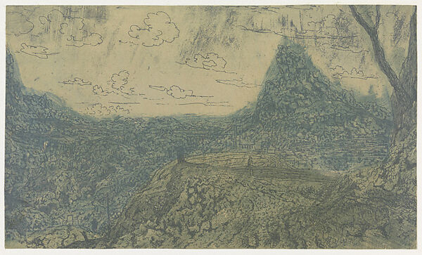 Mountain Landscape with a Crest and a Forked Tree, First Version, Hercules Segers (Dutch, ca. 1590–ca. 1638), Line etching and drypoint printed in green-blue, on a cream tinted ground, colored with brush; second state of two 