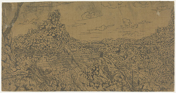 Mountain Landscape with a Crest and a Forked Tree, First Version, Hercules Segers (Dutch, ca. 1590–ca. 1638), Counterproof of a line etching printed on linen with a light brown ground; first state of two 