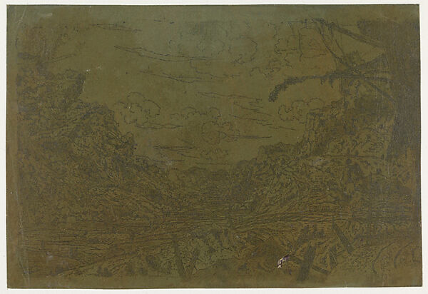 Mountain Valley with Tree Stumps and the Remains of a Ship, Hercules Segers (Dutch, ca. 1590–ca. 1638), Line etching and drypoint, colored with brush, varnished 