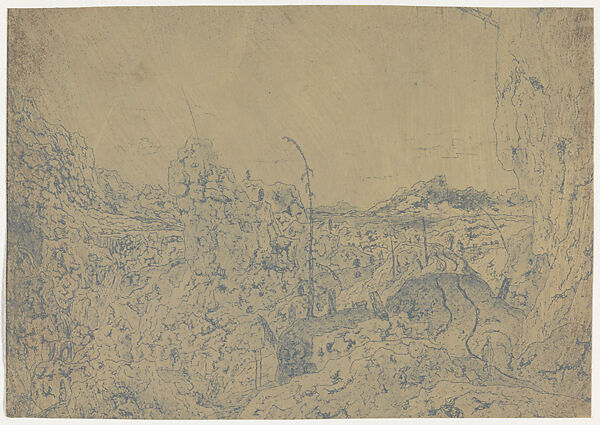 Rocky Landscape with a Man Walking to the Right, First Version, Hercules Segers (Dutch, ca. 1590–ca. 1638), Line etching and drypoint printed in blue, on a pink ground 