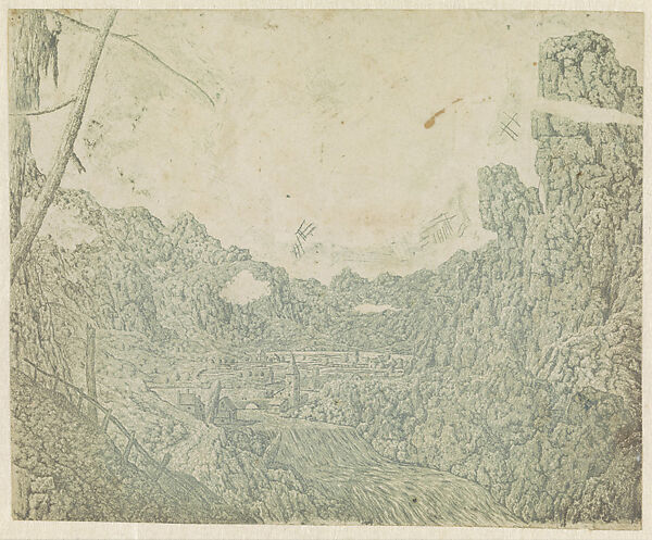 Landscape with a Waterfall, Second Version, Hercules Segers (Dutch, ca. 1590–ca. 1638), Etching printed in light blue-green on paper
line etching with tone and blue-green highlights 