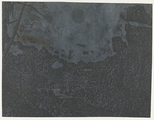 Landscape with a Waterfall, Second Version, Hercules Segers (Dutch, ca. 1590–ca. 1638), Line etching printed with tone and highlights, colored with brush; second state of four 