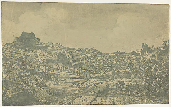 Valley with a River and a Town with Four Towers, Hercules Segers (Dutch, ca. 1590–ca. 1638), Line etching and drypoint printed in dark green, on a cream tinted ground, pen in gray ink, with gray wash 