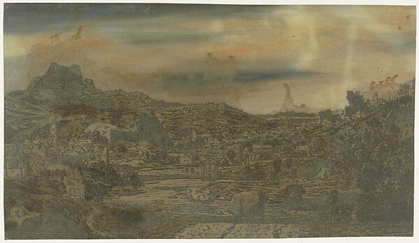 Valley with a River and a Town with Four Towers, Hercules Segers (Dutch, ca. 1590–ca. 1638), Line etching and drypoint printed in blue, on a cream tinted ground, colored with brush 