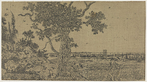 Landscape with an Oak Tree and a Distant View, Hercules Segers (Dutch, ca. 1590–ca. 1638), Counterproof (?) of a line etching printed on cotton with a light gray ground 