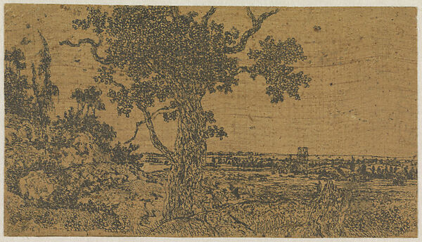 Landscape with an Oak Tree and a Distant View, Hercules Segers (Dutch, ca. 1590–ca. 1638), Counterproof (?) of a line etching printed on cotton with a light brown ground 