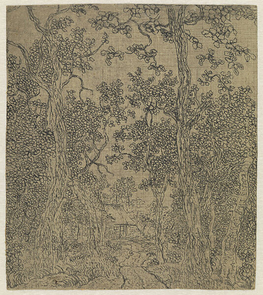 Small Wooded Landscape with a Road and a House, Hercules Segers (Dutch, ca. 1590–ca. 1638), Line etching printed on cotton with a light gray ground 