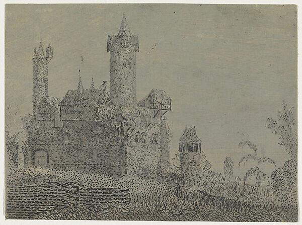 Castle with Tall Towers, Hercules Segers (Dutch, ca. 1590–ca. 1638), Lift-ground etching printed on a blue-gray ground, colored with gray wash; unique impression 