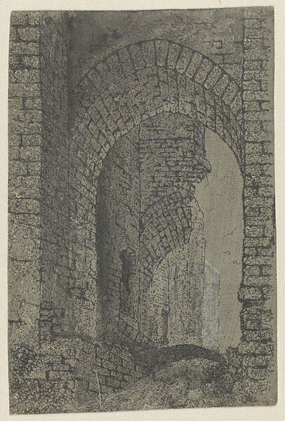 The Entrance Gate of the Ruins of Brederode Castle from the East, Hercules Segers (Dutch, ca. 1590–ca. 1638), Counterproof (?) of a line etching printed in black on linen with a gray ground, colored with brush; unique impression 