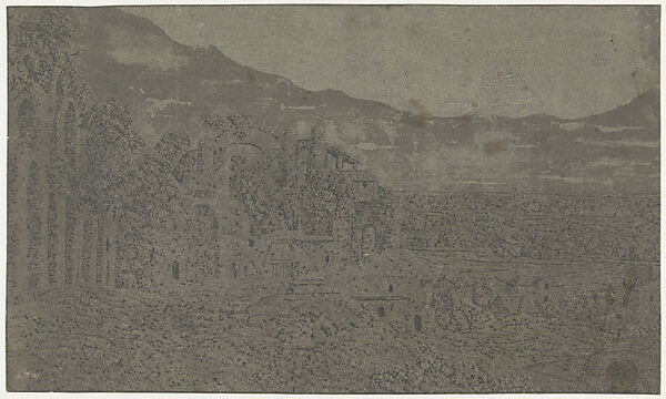 Roman Ruins, a City in the Distance, Hercules Segers (Dutch, ca. 1590–ca. 1638), Line etching printed with tone and highlights, printed in blue-grey and black from two plates; unique impression 