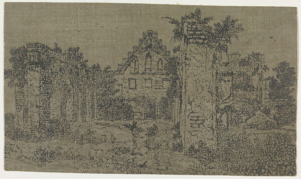 Ruins of the Abbey of Rijnsburg from the South, Small Version, Hercules Segers (Dutch, ca. 1590–ca. 1638), Line etching printed in black on linen with a gray ground; first state of two 