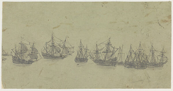 Frieze with Ships in a Roadstead, Hercules Segers (Dutch, ca. 1590–ca. 1638), Line etching printed in dark gray, on a blue-gray ground, with gray wash 