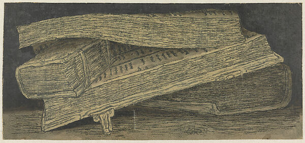 Still Life with Books, Hercules Segers (Dutch, ca. 1590–ca. 1638), Counterproof (?) of a line etching printed in blue-green printed on cotton with a cream tinted ground 