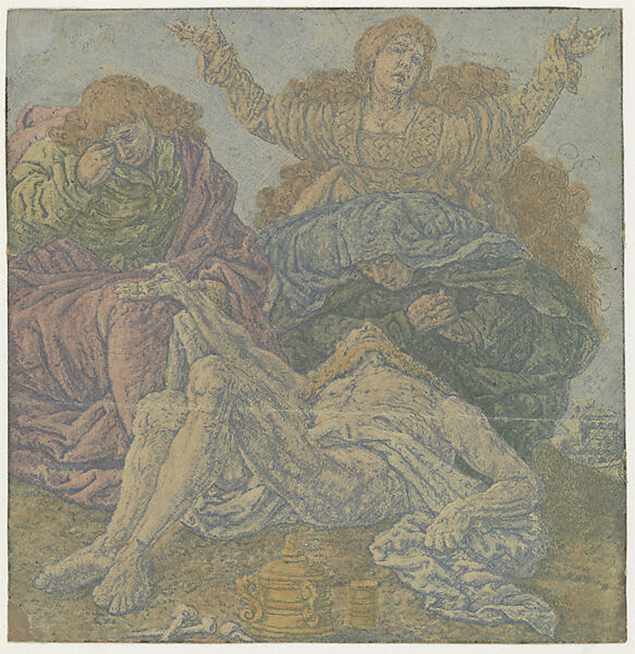 The Lamentation of Christ, Hercules Segers (Dutch, ca. 1590–ca. 1638), Line etching printed with tone and blue highlights on a cream tinted ground, colored with brush 