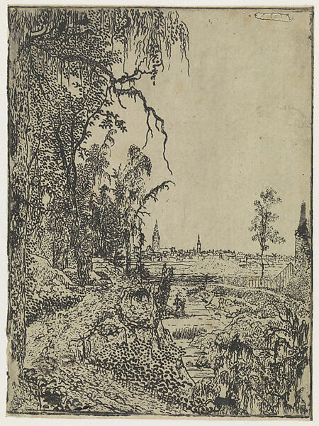 A  Road Bordered by Trees, a City in the Background, Hercules Segers (Dutch, ca. 1590–ca. 1638), Lift-ground etching printed in black with light plate tone 