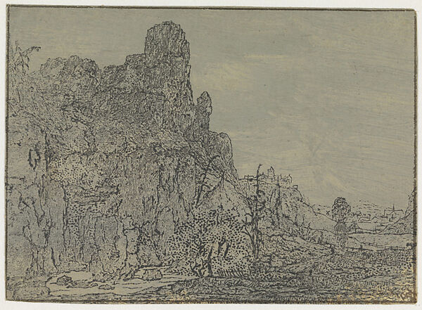 Landscape with a Steep Cliff and a Stream, Small Version, Hercules Segers (Dutch, ca. 1590–ca. 1638), Counterproof of a line etching printed on a blue-gray ground; second state of two 