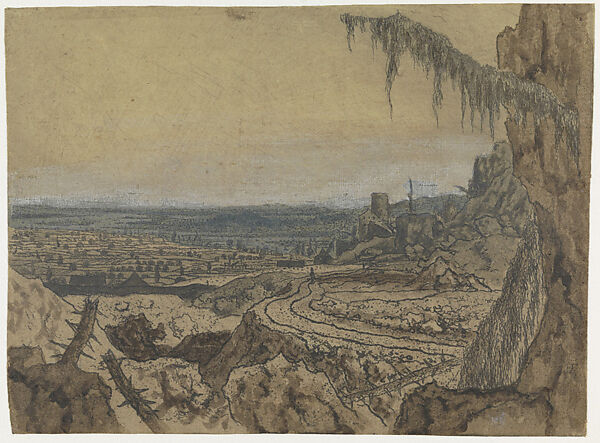 Distant View with a Road and Mossy Branches, Hercules Segers (Dutch, ca. 1590–ca. 1638), Line etching printed in dark blue on cotton with a yellow-gray ground, colored with brush; first state of three 