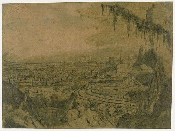 Distant View with a Road and Mossy Branches, Hercules Segers (Dutch, ca. 1590–ca. 1638), Line etching and drypoint printed in blue, on a light brown ground, colored with brush; second state of three 