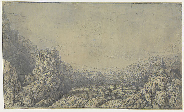 The Enclosed Valley, Hercules Segers (Dutch, ca. 1590–ca. 1638), Line etching and drypoint printed in blue, on a cream tinted ground, colored with brush; second state of four 