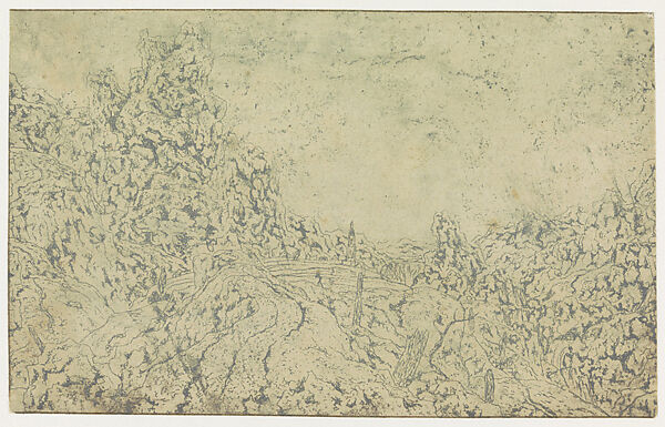 Rocky Landscape with a Village and a Tall Tower, Hercules Segers (Dutch, ca. 1590–ca. 1638), Line etching printed in green-blue, on a cream tinted ground; unique impression of the first state of two 