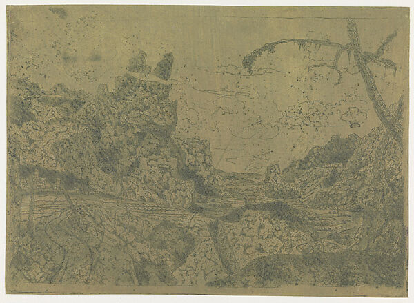 Mountain Valley, at the Right a Man Carrying a Stick, Hercules Segers (Dutch, ca. 1590–ca. 1638), Line etching, drypoint and metal punch printed in green, on a yellow ground, colored with brush; unique impression of the second state of two 