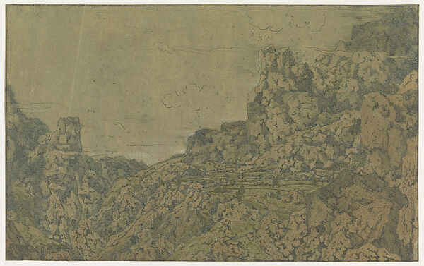 Mountain Valley with a Plateau, Hercules Segers (Dutch, ca. 1590–ca. 1638), Line etching, drypoint and metal punch printed in green, on a yellow ground, colored with brushsecond state of two 
