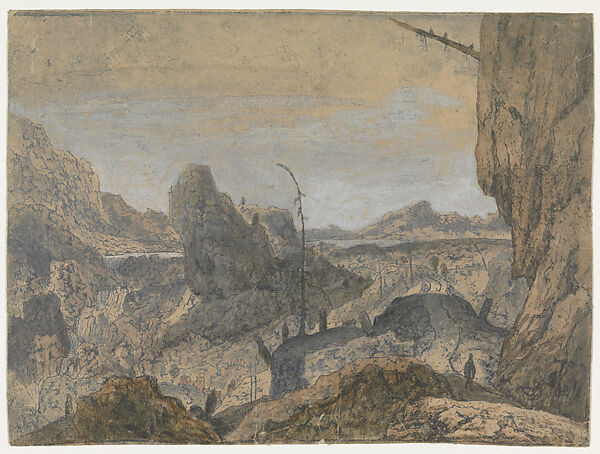 Rocky Landscape with a Man Walking to the Right, First Version, Hercules Segers (Dutch, ca. 1590–ca. 1638), Line etching and drypoint printed in blue, on a pink ground, colored with brush 