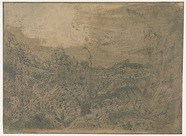 Rocky Landscape with a Man Walking to the Right, First Version, Hercules Segers (Dutch, ca. 1590–ca. 1638), Line etching and drypoint printed in blue, on a pink ground, colored with brush 