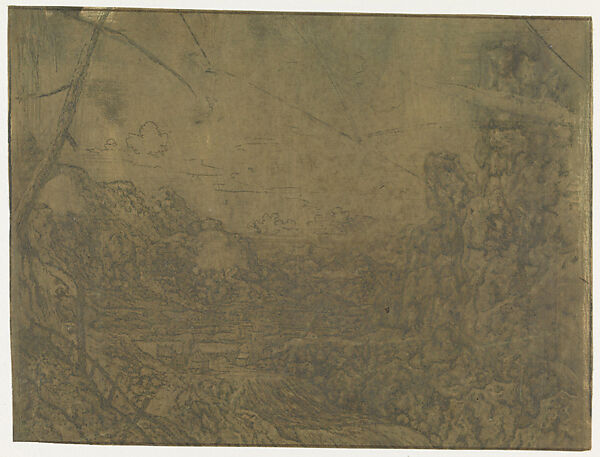 Landscape with a Waterfall, First Version, Hercules Segers (Dutch, ca. 1590–ca. 1638), Line etching and drypoint printed in blue, on green-brown paint; third state of three 