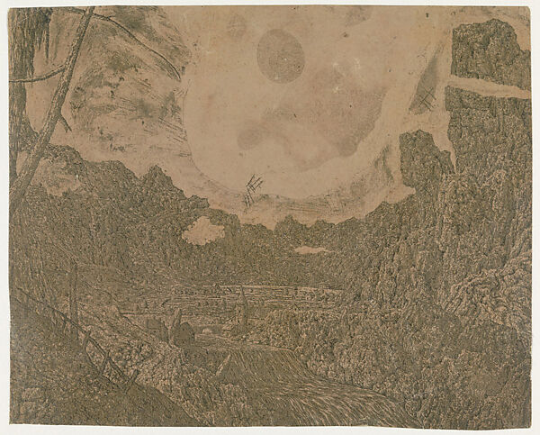 Landscape with a Waterfall, Second Version, Hercules Segers (Dutch, ca. 1590–ca. 1638), Line etching printed with tone and highlights, on a dark pink ground, varnished; first state of four 