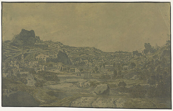 Valley with a River and a Town with Four Towers, Hercules Segers (Dutch, ca. 1590–ca. 1638), Line etching and drypoint printed in dark blue, on a gray-green ground, colored with brush 