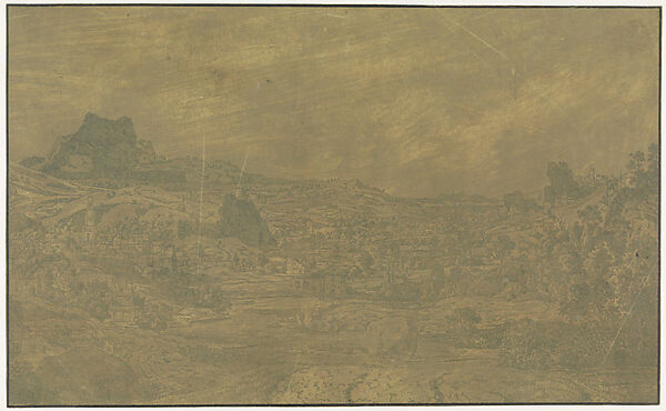 Valley with a River and a Town with Four Towers, Hercules Segers (Dutch, ca. 1590–ca. 1638), Line etching and drypoint printed in green, on a yellow-gray ground, colored with brush 
