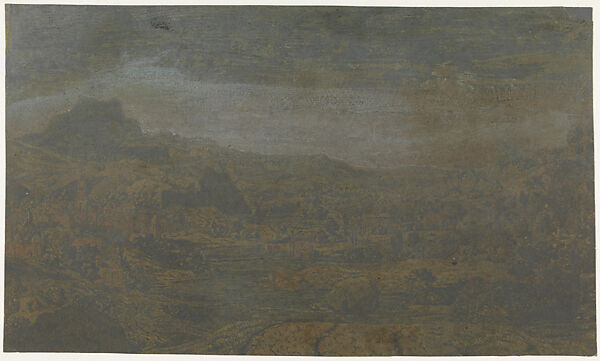 Valley with a River and a Town with Four Towers, Hercules Segers (Dutch, ca. 1590–ca. 1638), Line etching and drypoint printed in blue, on a brown-gray ground, colored with brush 