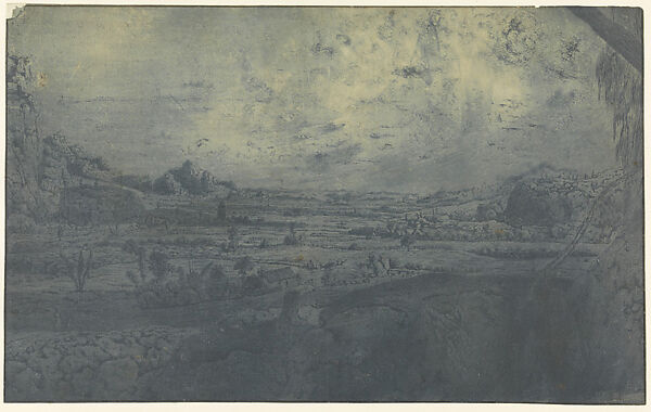 Mountain Valley with Fenced Fields, Hercules Segers (Dutch, ca. 1590–ca. 1638), Line etching and drypoint printed in blue, with plate tone, colored with brush; second state of two 