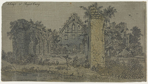 Ruins of the Abbey of Rijnsburg from the South, Small Version, Hercules Segers (Dutch, ca. 1590–ca. 1638), Line etching printed in black on linen with a blue-gray ground, colored with brush; first state of two 
