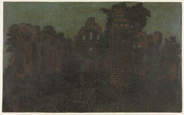 Ruins of the Abbey of Rijnsburg from the South, Large Version, Hercules Segers (Dutch, ca. 1590–ca. 1638), Line etching printed with tone and highlights in yellow-white, on a dark brown ground, colored with brush, varnished 