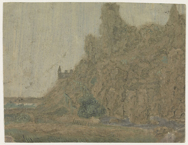 Landscape with Steep Cliffs and a Stream, Hercules Segers (Dutch, ca. 1590–ca. 1638), Oil on paper prepared with light gray-blue ground 