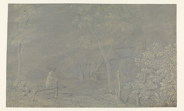 Farm Building Surrounded by Trees with a Figure near a Fence, Hercules Segers (Dutch, ca. 1590–ca. 1638), Oil paint on paper prepared with a dark gray-blue ground, brush and black, light gray, dark gray, and light yellow paint 