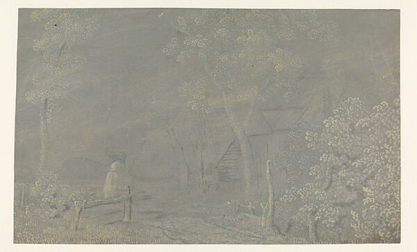 Farm Building Surrounded by Trees with a Figure near a Fence, Hercules Segers (Dutch, ca. 1590–ca. 1638), Oil paint on paper prepared with a dark gray-blue ground, brush and black, light gray, dark gray, and light yellow paint 