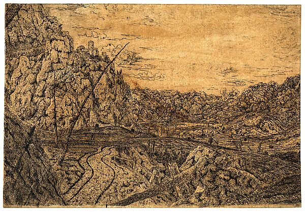Mountain Valley with Dead Pine Trees, Hercules Segers (Dutch, ca. 1590–ca. 1638), Line etching printed on light brown ground, varnished; unique impression 