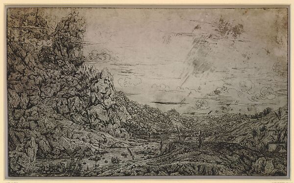 River Valley with Four Trees (recto); Mountain Valley with Fenced Fields (verso), Hercules Segers (Dutch, ca. 1590–ca. 1638), Recto: Etching printed in black ink
Verso: Etching printed in black ink; maculature (impression taken to remove remaining ink from the printing plate)
Recto: line etching
Verso: maculature impression 