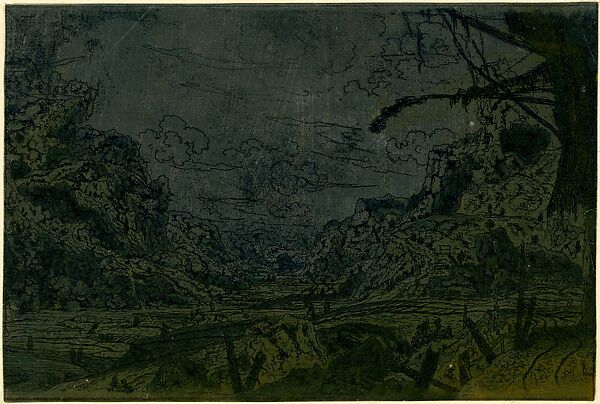 Mountain Valley with Tree Stumps and the Remains of a Ship, Hercules Segers (Dutch, ca. 1590–ca. 1638), Line etching and drypoint printed in blue, colored with brush 
